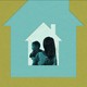 A mom holding a baby inside the silhouette of a house. Around them, house silhouettes in different colors expand concentrically.