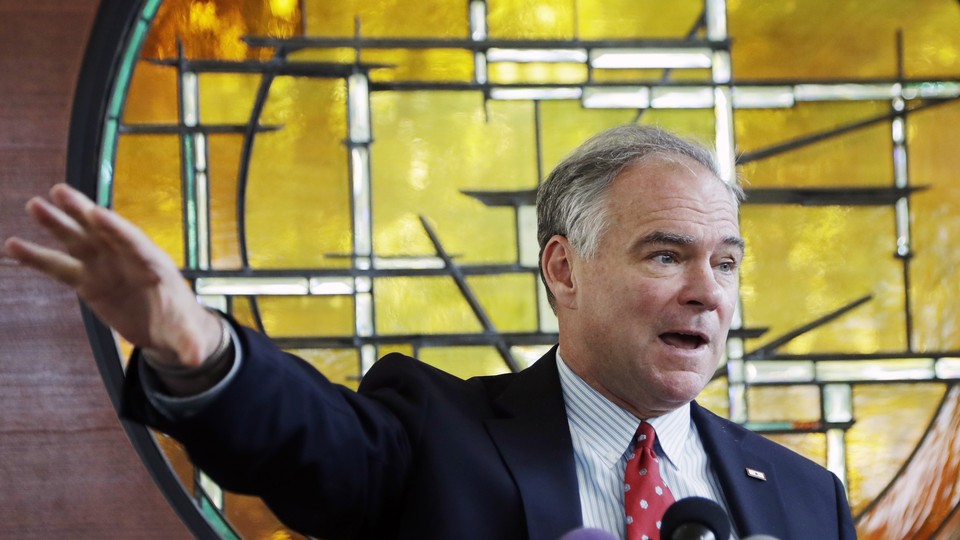 The Democratic vice-presidential candidate Tim Kaine stands, speaking, before a stained-glass window at a Unitarian Universalist Church in Virginia in July.