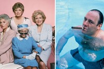 The Golden Girls are pictured. American actor James Gandolfini, as Tony Soprano, smokes a cigar while he stands in pool, in a 1991 publicity still for the HBO cable TV series, <i>The Sopranos.</i>.