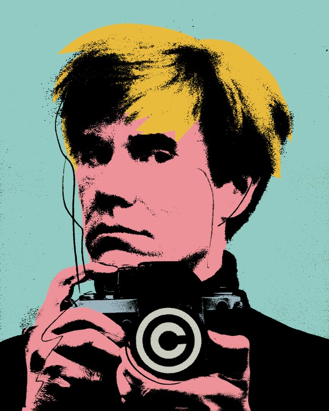 An illustration of Andy Warhol holding a camera with a copyright symbol on it