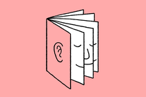 drawing of a book with an ear on the cover and fanned-open pages with a smiling face with eyes closed