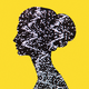 A woman's head and neck in profile are filled with TV static, against a bright-yellow background