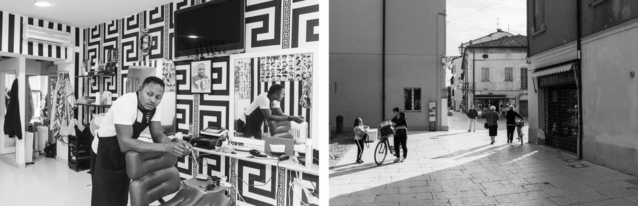 Diptych: Left- a young man in a barber shop. Right: people walking on a wide street surrounded by buildings.