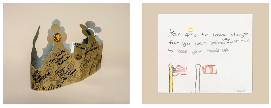 Diptych: a paper crown with signatures; a letter with flags