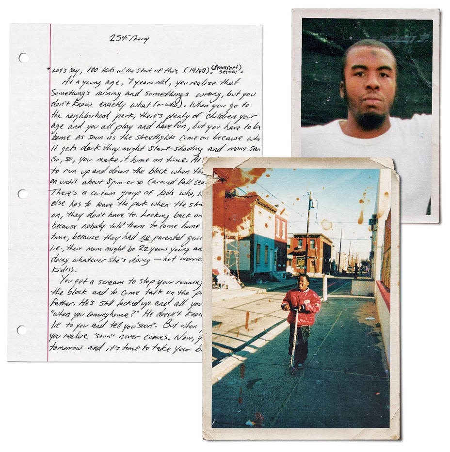 handwritten letter on ruled notebook paper; stained and torn photograph of smiling child in coat riding scooter; photo of a young man in white shirt
