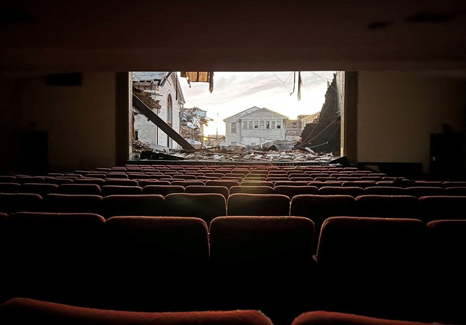 Storm debris is seen from inside the damaged theater of an American Legion building after tornadoes ripped through several U.S. states, in Mayfield, Kentucky.