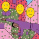 Illustration of a man floating horizontally through a colorful cityscape, carried by smiley-face balloons