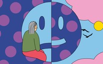 Colorful illustration of a person sitting on a cartoon face split between smiling and frowning