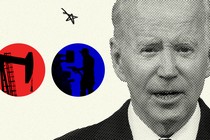 A black-and-white photo of Joe Biden next to two circles. One is red and contains the outline of an oil well; the other is blue and features the outline of a person at a gas pump.