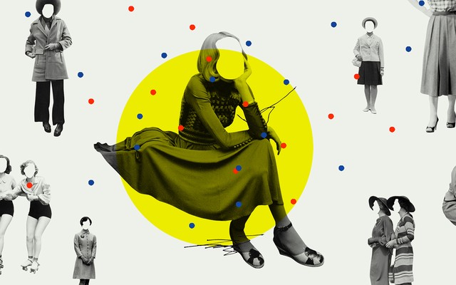 A woman sits alone, with others floating around her. Everyone has their faces blanked out.