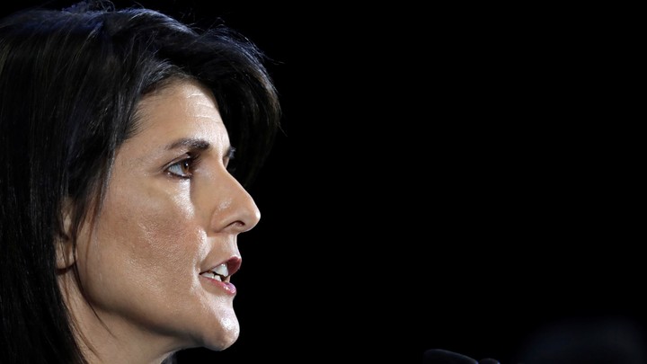 Nikki Haley briefs the media on highlights of the UN's 2231 Implementation Report at Joint Base Anacostia-Bolling in Washington, D.C., in December of 2017.