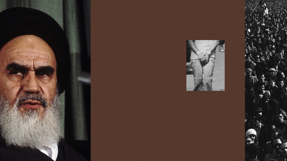 A collage showing a hostage with their hands tied, a crowd of people in protest, and a portrait of Ayatollah Ruhollah Khomeini