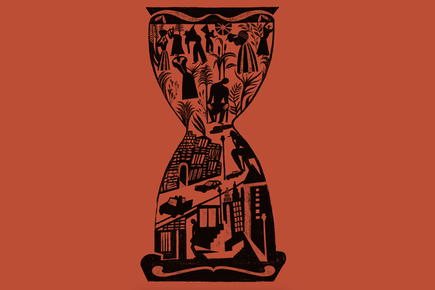 illustration of black hourglass with images of people working in fields at top and street scenes at bottom on red background