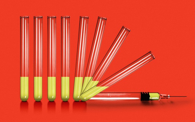 test tubes in a row, falling and transforming into a vaccine syringe