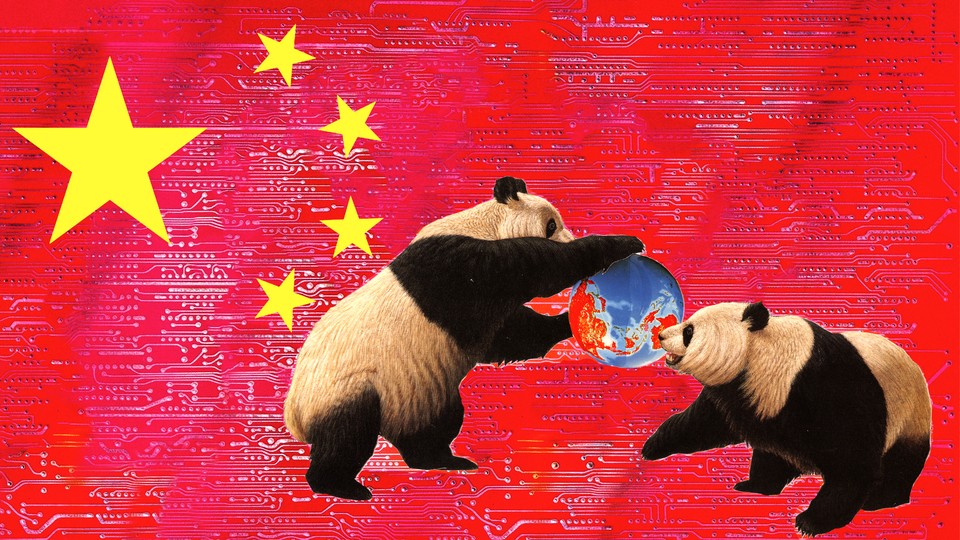An image of two pandas fighting over a globe is superimposed onto a Chinese flag.