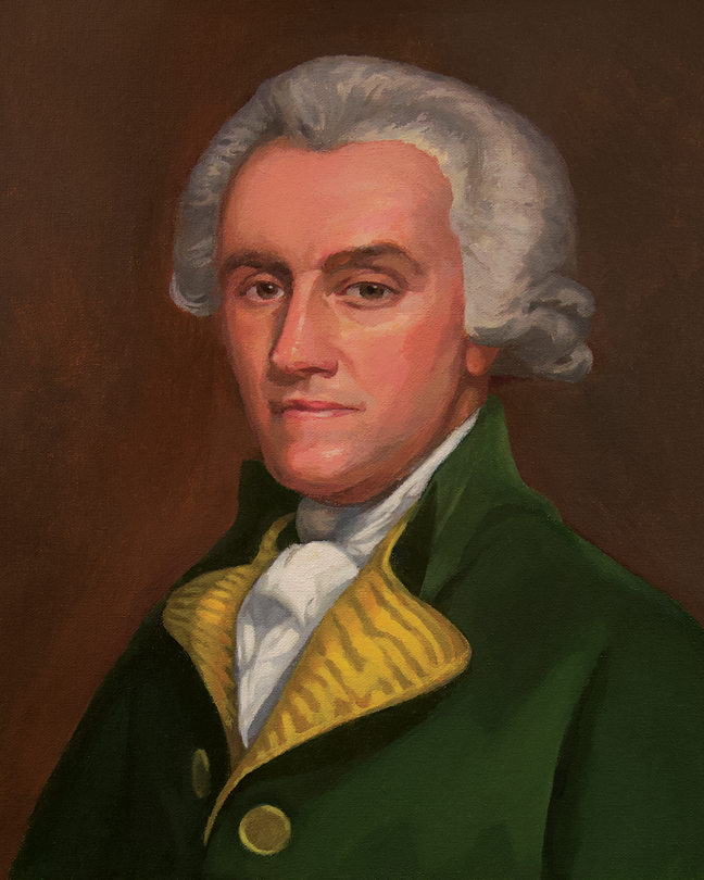 illustration of William Franklin seated, with powdered wig, wearing white shirt collar and dark green jacket with yellow lapels, in the style of an oil painting