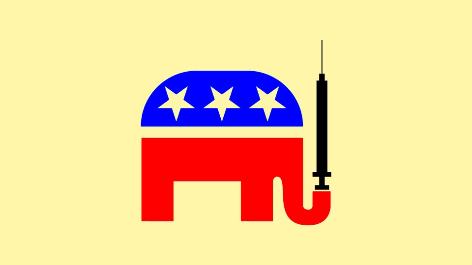Graphic of a Republican elephant holding up a syringe with its trunk