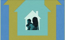 A mom holding a baby inside the silhouette of a house. Around them, house silhouettes in different colors expand concentrically.