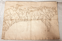 photo of very old hand-drawn map of southeastern United States, with interior rivers and landscape details