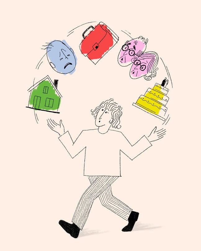 An illustration of a person juggling a home, baby, briefcase, older parents, and wedding cake
