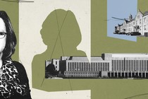 A graphic featuring Kaurin, a silhouette of Kaurin with an X penned over, and two buildings at the Naval War College