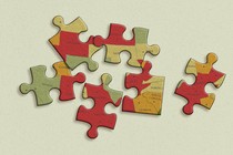 Messy jigsaw puzzle pieces, each showing a small part of the United States map