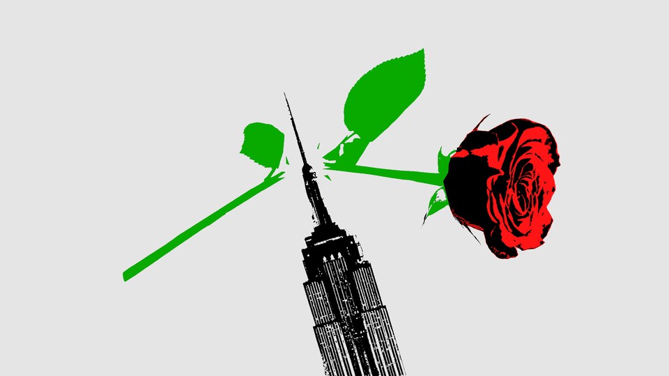 An illustration of the Empire State building and a rose.