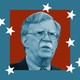 Photo of guest John Bolton against a blue background and falling white stars