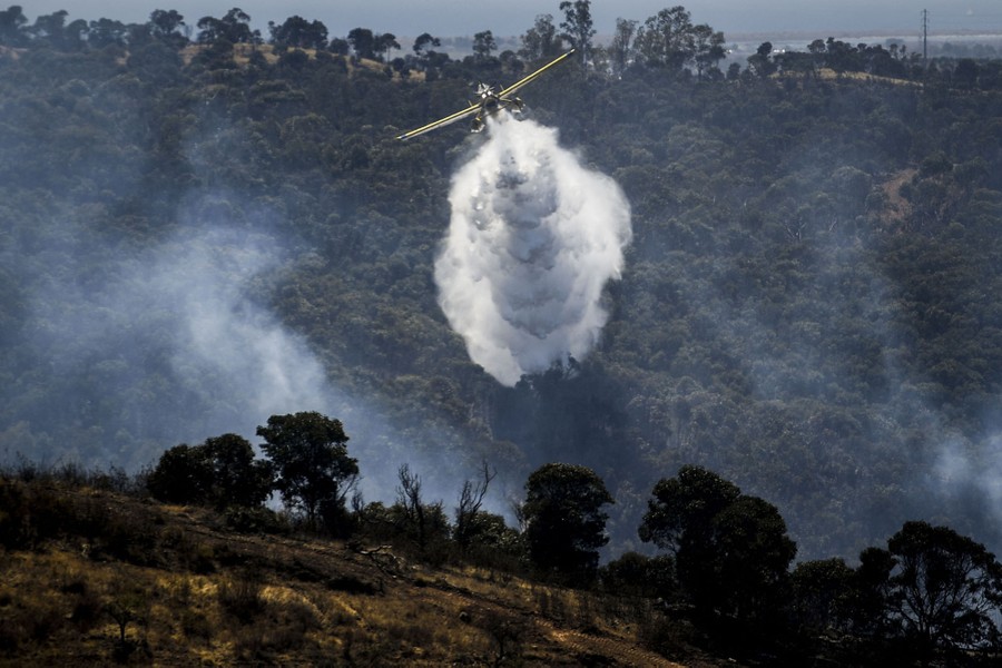 A firefighting plane drops water on a wildfire.
