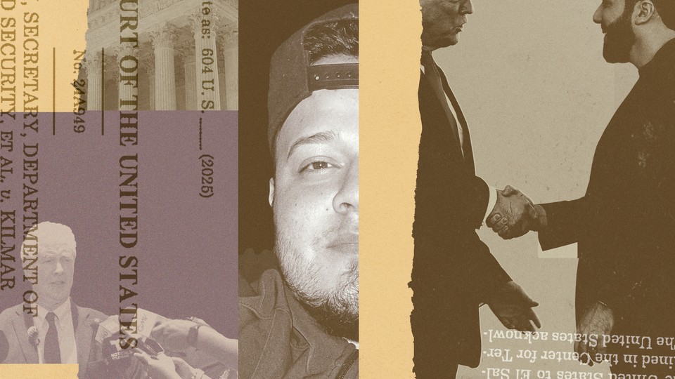 An illustration of Senator Chris Van Hollen speaking to the press next to the Supreme Court next to Kilmar Abrego Garcia next to Trump shaking hands with Bukele. Overlayed are the colors purple and yellow and words from the Supreme Court's ruling.