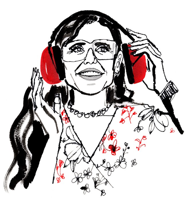 Sketch of Nancy Mace smiling and wearing protective ear guards