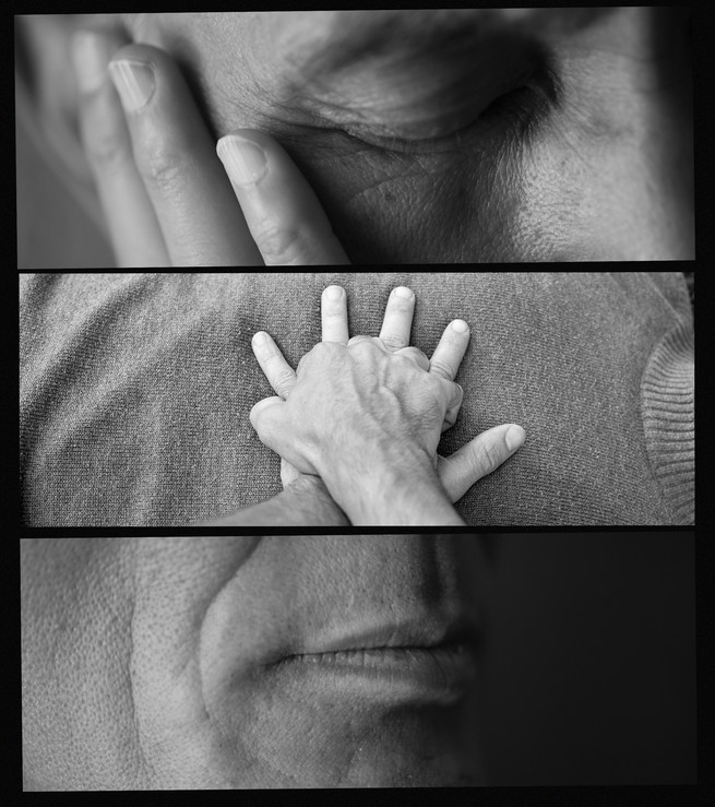 Triptych of close up of eye, hands delivering CPR, mouth