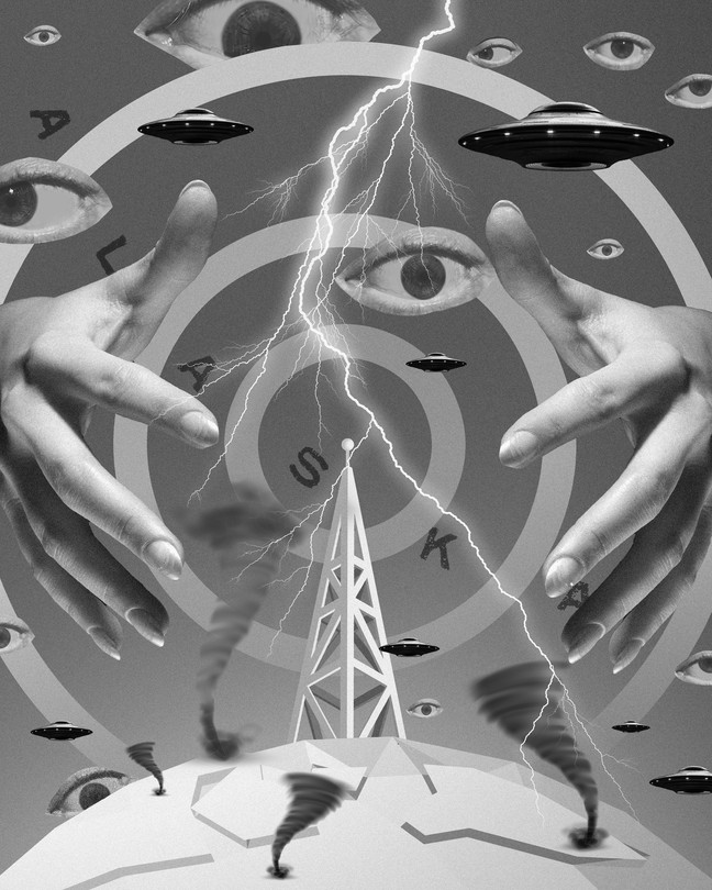 Collage illustration of various weather phenomena with a hypnotic, conspiracy-tinged vibe.