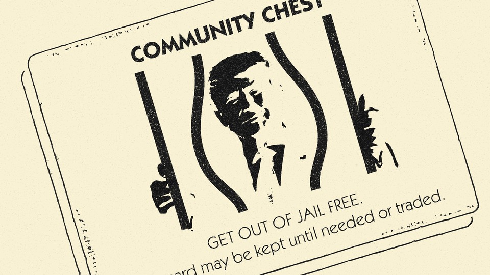 A Monopoly-like "get out of jail free" card featuring Donald Trump looking ready to get out from behind bars