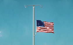 Illustration: American flag at half-mast on an IV stand