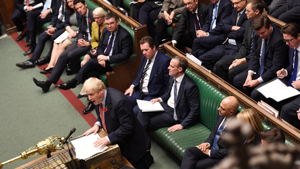 Boris Johnson delivers a speech at the dispatch box in Parliament's House of Commons.