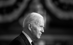A black-and-white photo of President Joe Biden