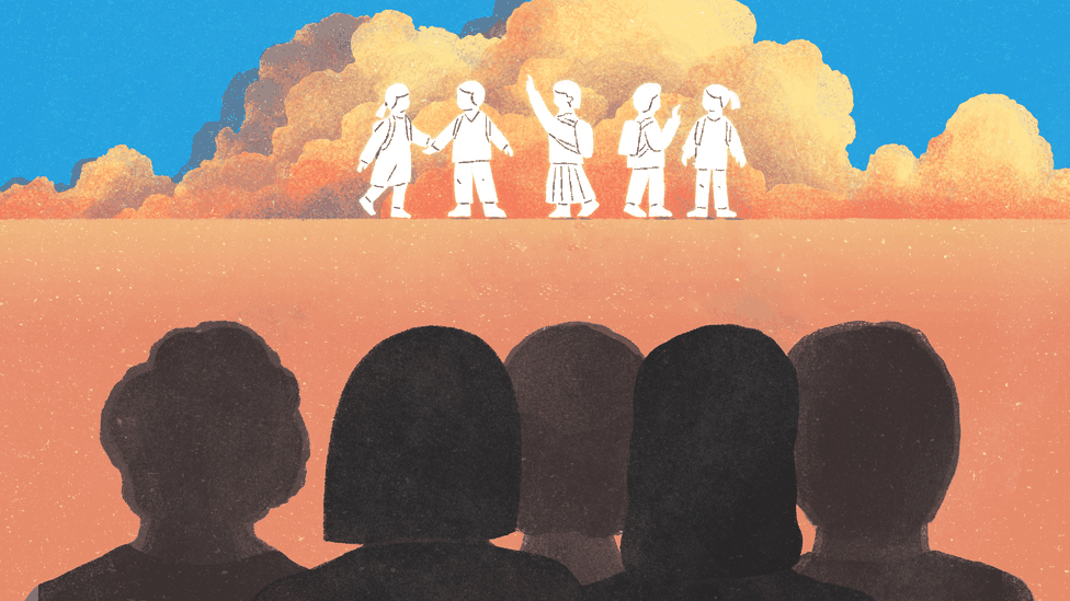 Five silhouettes facing backward look at the outlines of children in the distance, representing their younger selves