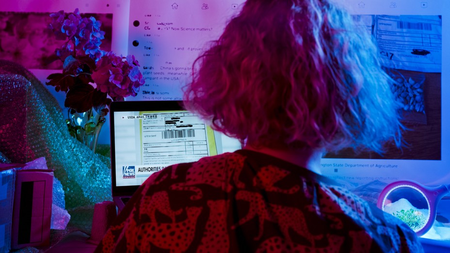 A woman looks at news on a computer screen, with seeds magnified on her desk.