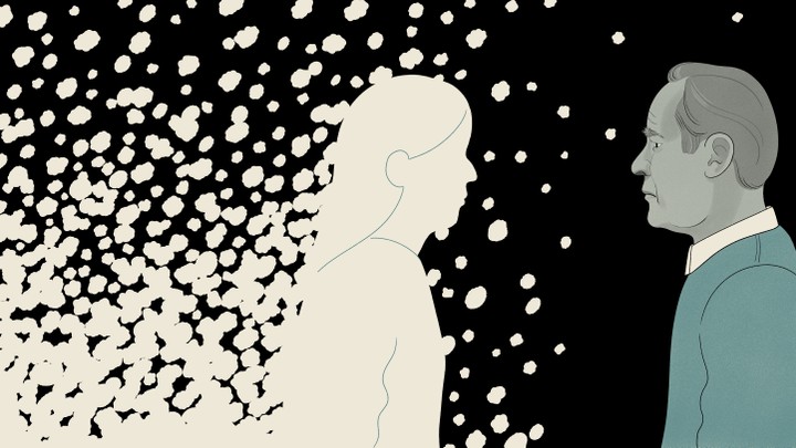 An illustration of a man looking at a woman who is falling into pieces.