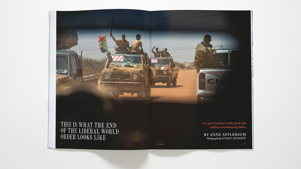 photo of the September 2025 magazine open to spread of Anne Applebaum's article on Sudan