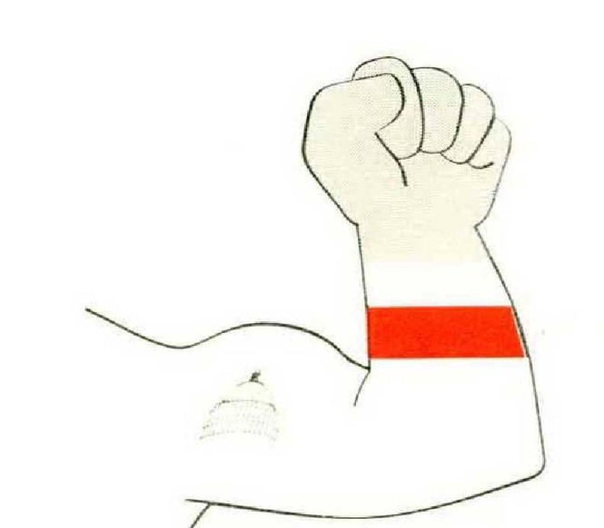 A simple illustration of a raised fist with a red stripe across the wrist and the Capitol building faintly tattooed on the bicep