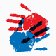 Red and blue handprints overlap.