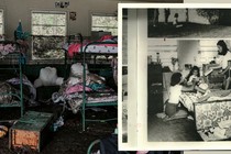An old black and white photo of girls in a cabin at Camp Mystic, next to an image of a cabin at Camp Mystic, ruined by flood damage.