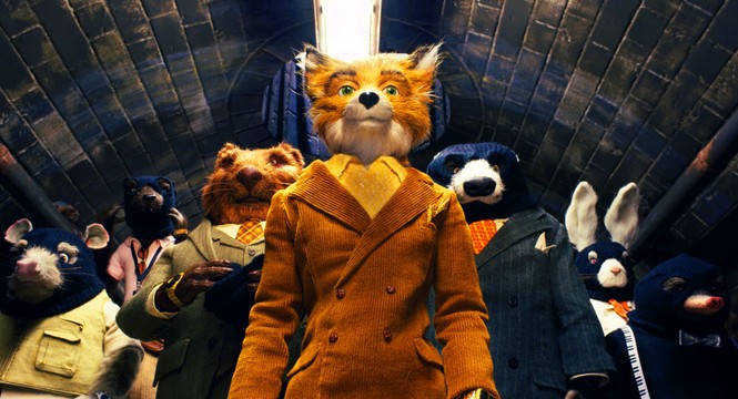 Fantastic Mr. Fox standing in the center of the frame in an orange jacket