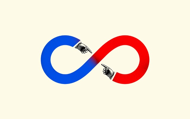 A red and blue infinity sign with fingers pointing at each other.