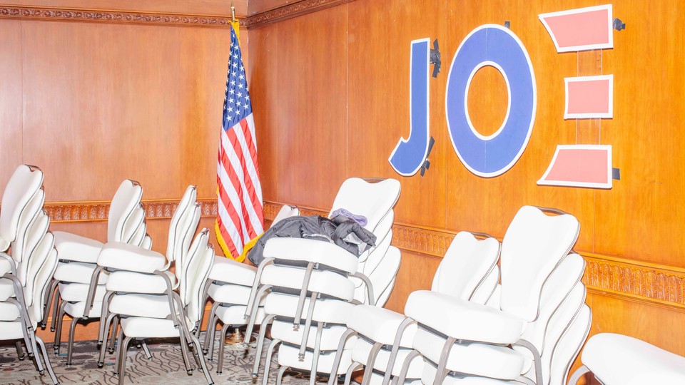 A photo of an empty room after a Democratic Party campaign event for Joe Biden