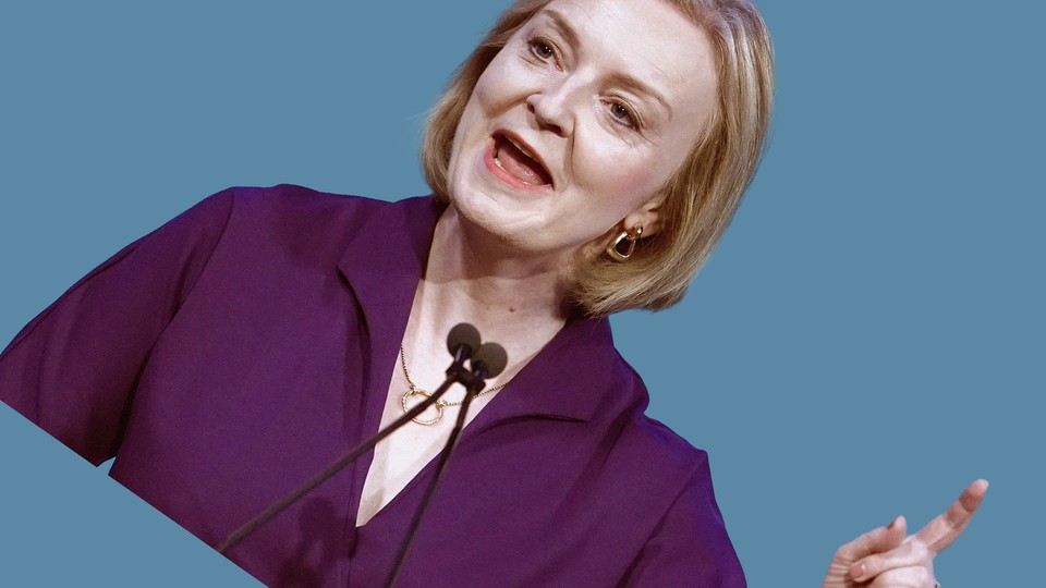 Cropped photo of Liz Truss tilted diagonally