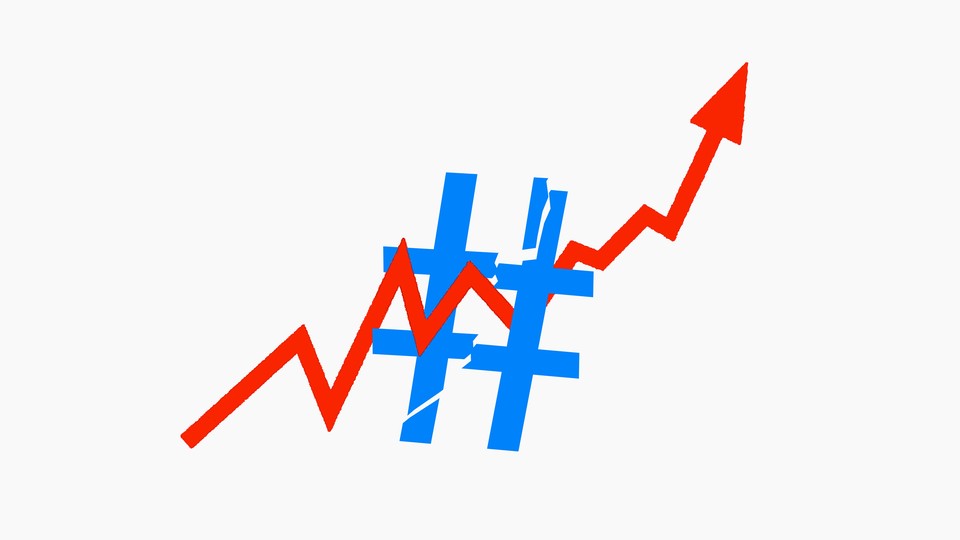 A red trendline arrow, going through a broken hashtag symbol