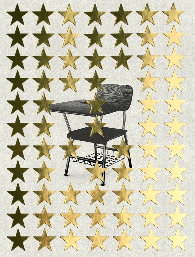 Illustration of a school desk with gold stars overlaid on top